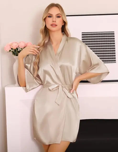 103770-a8e3cf.jpg Robe de chambre courte et douce pour femme, en soie, couleur unie, pour mariée, demoiselle d'honneur, tenue de matin, pour fête de mariage, été