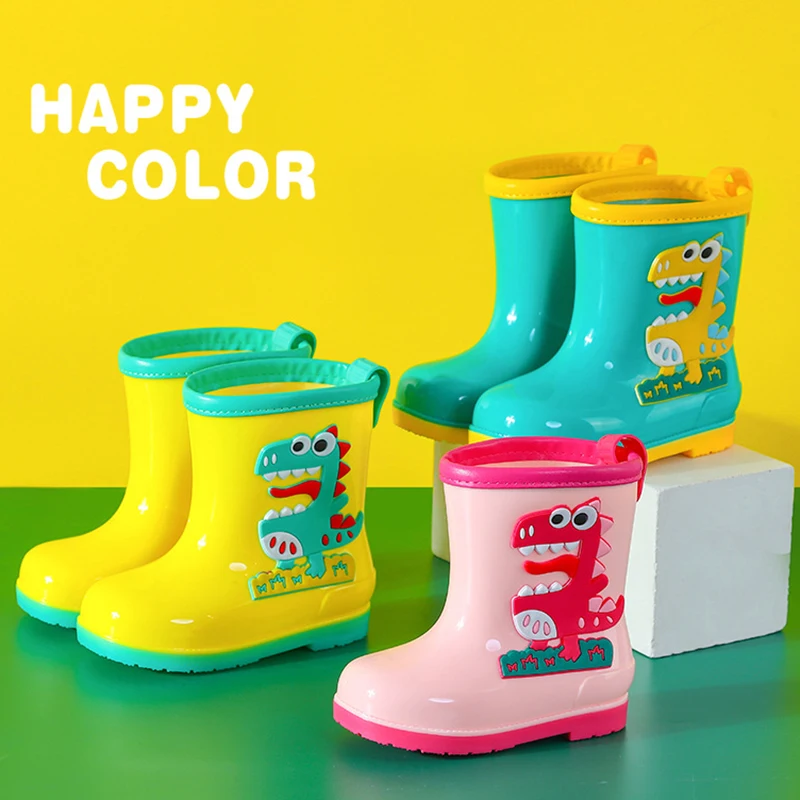 Children Boots Rain Boots Kids Girl 3D Dinosaur Boys Plush Warm Ankle Waterproof Toddler Water