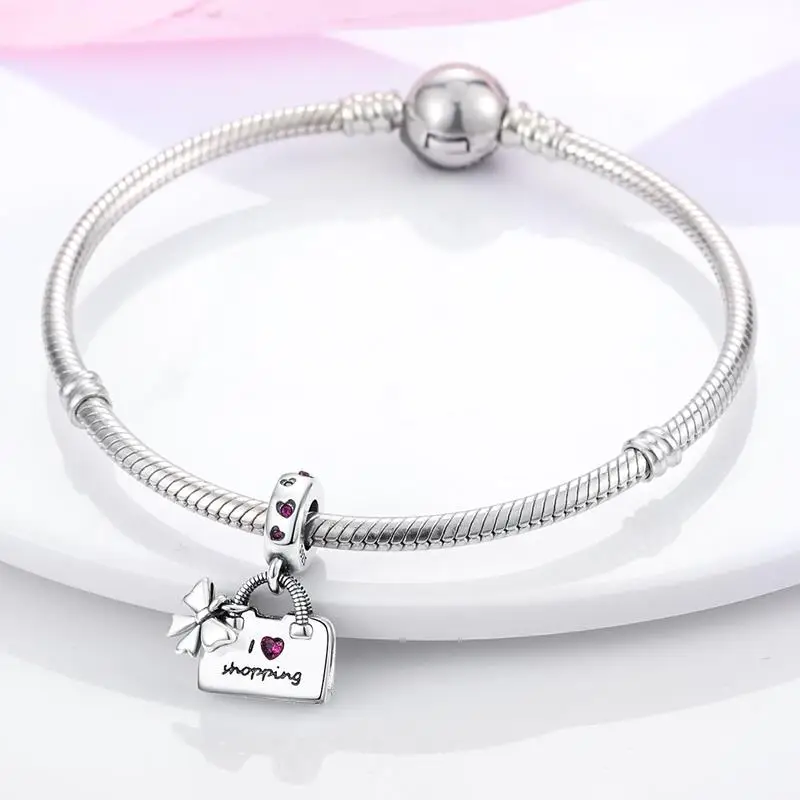 women handbag dangle charm 925 sliver pendant pink enamel travel shopping bag beads fit original brand bracelet gift