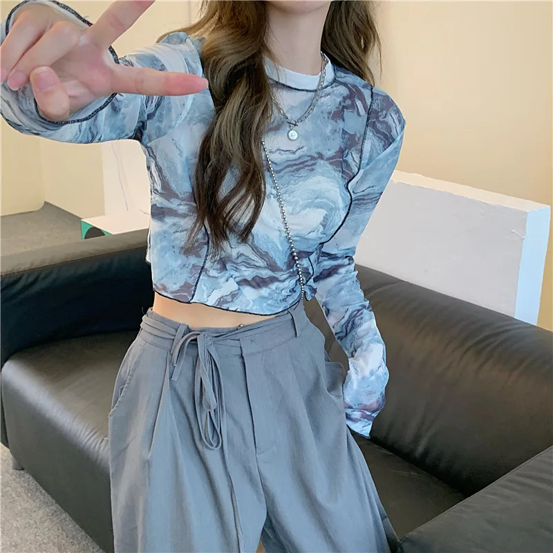 

Korean Fashion Y2K Women Blue Tie-dye T-Shirts Sexy Mesh Crop Tops Long Sleeve SeeThrough Slim Turtleneck Female Printed Outfits