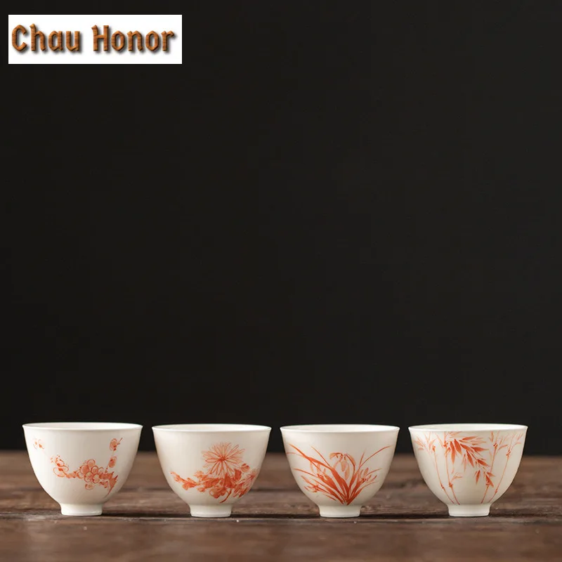 2PC/Set Hand Painted Orchid Flower Art TeaCups White Jade Porcelain Mugs  Kung Fu Tea Master Cups Sopera Gentleman Personal Cups