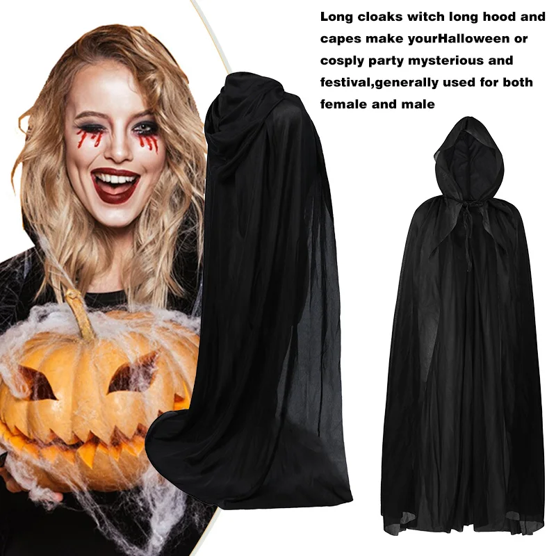 120-140cm Black Long Hooded Cape for Halloween Party Witch Costume Cosplay Props Performance Supplies Death Cloak Dress Up Cloth