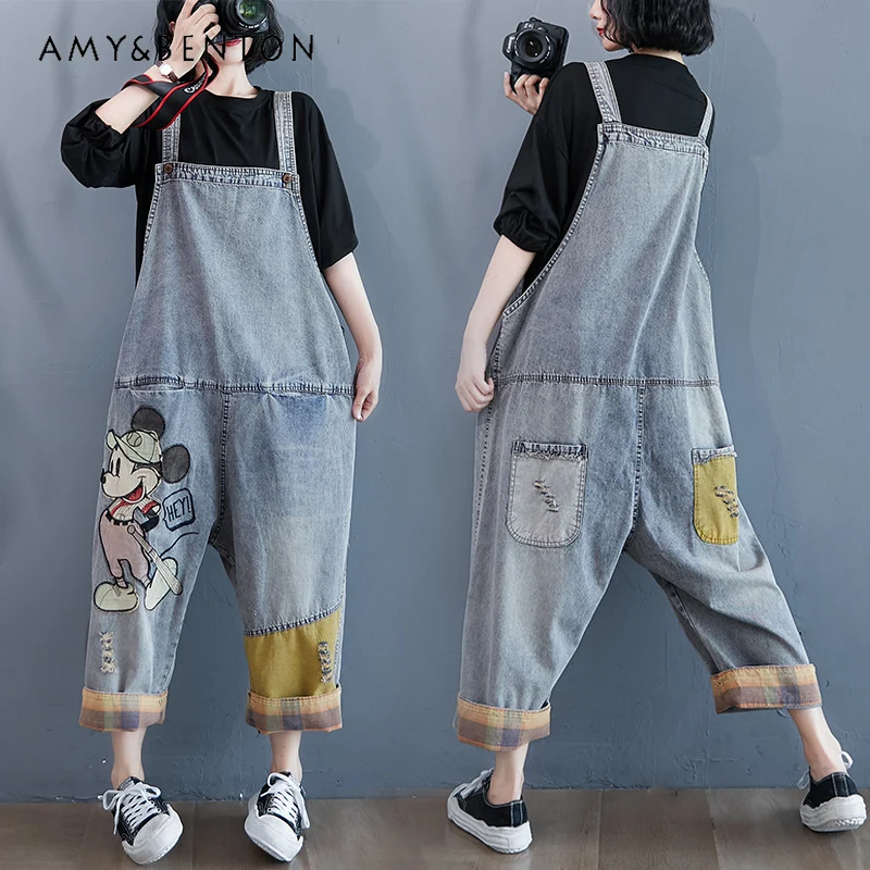 Potdemiel Average Loose Jumpsuit Elegant Denim Strap Pants Women's Spring Autumn Age-Reducing Cropped Wide-Leg Harem Trousers