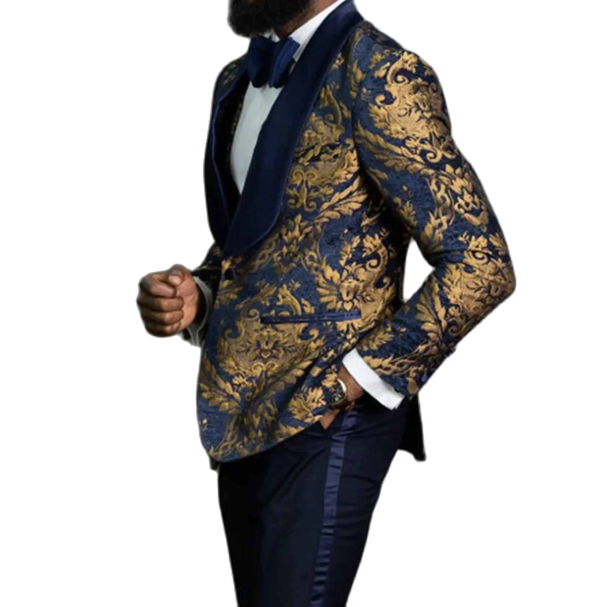 

3 Piece Navy Blue Floral Jacquard Prom Men Suits for Wedding Slim Fit Groom Tuxedo African Male Fashion Costume Jacket Pants
