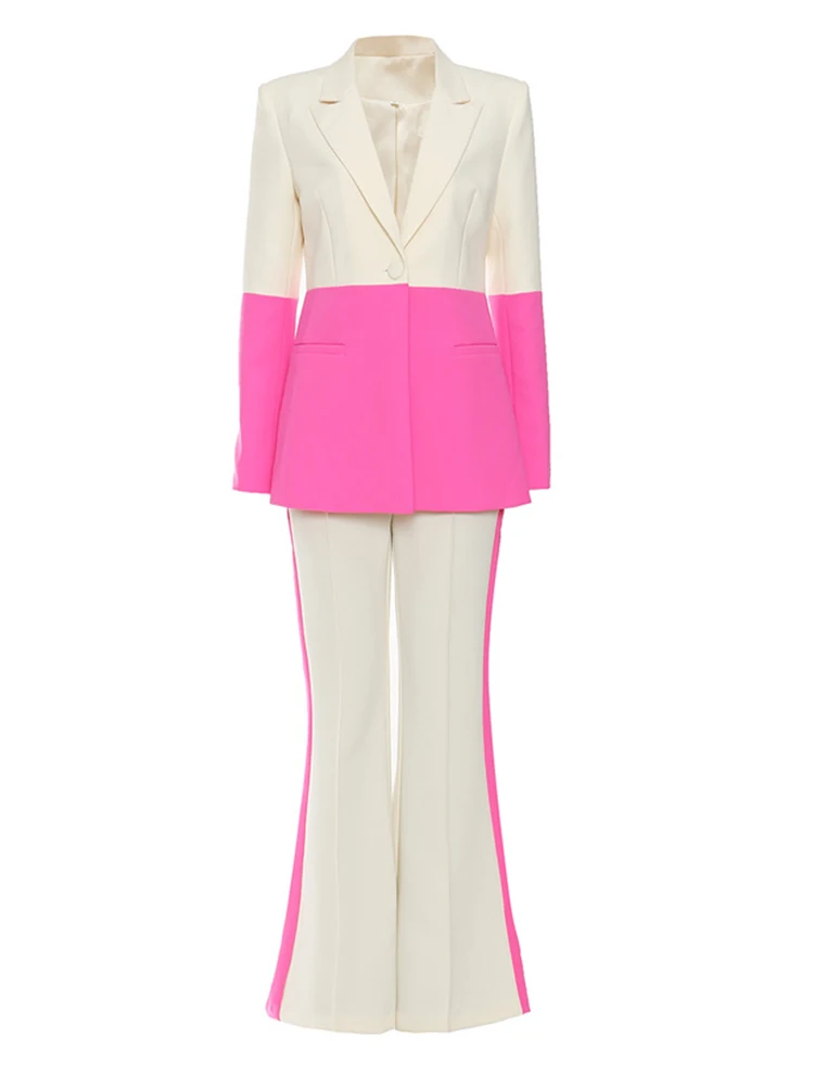 Wide Leg Pants Colorblock Two Piece Suit New Lapel Long Sleeve Black