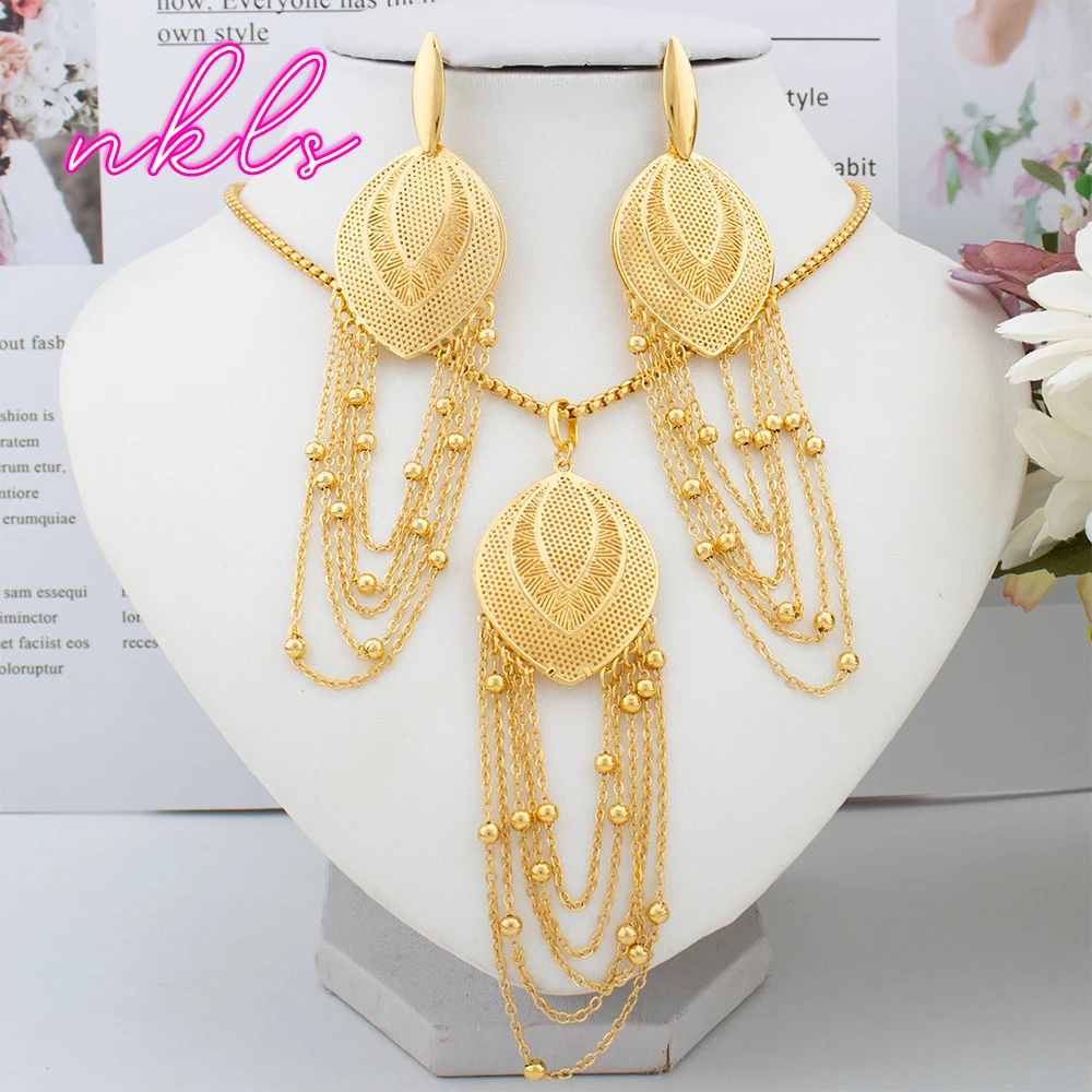 

Bohemia Fashion Women Jewelry Set Dubai Trend Necklace Large Tassel Earrings Pendant Italy Gold Color Jewellery Party Gift