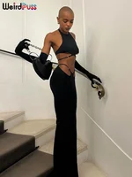 Weird Puss Hollow Straps 2 Piece Sets Woman Summer Sexy Solid Halter Backless Tops+Sequined Flared Pants Party Skinny Outfits - Image 2