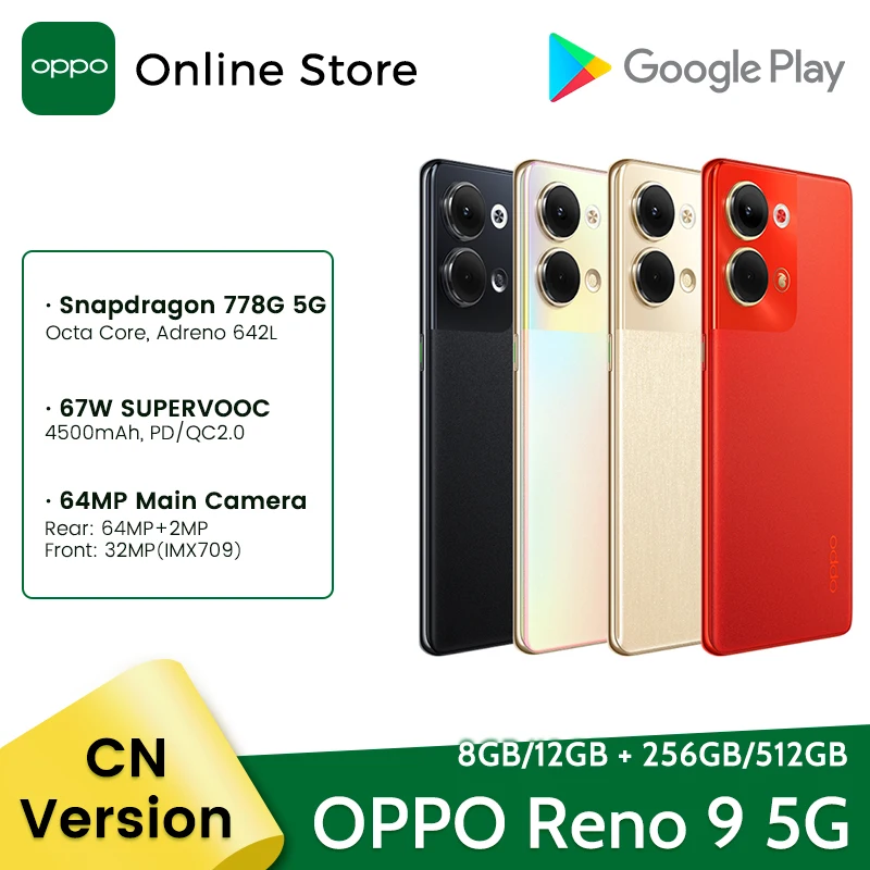 

OPPO Reno 9 5G Mobile Phone Snapdragon 778G 8GB 256 Smartphone 6.7'' 120Hz AMOLED Screen 64MP Camera Phone 4500mAh 67W Charger