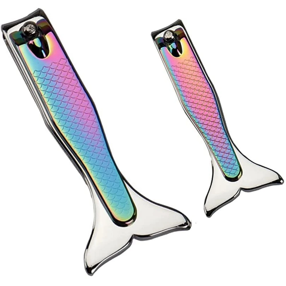 

2Pcs Non-Slip Household Portable Iron Plating Color Peptide Color Mermaid Nail Clippers(Large + Small)