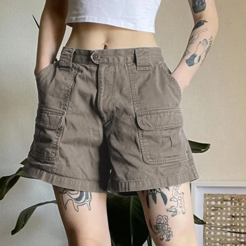 Y2K Grunge Gray Casual Denim Summer Shorts For Women Pockets Stitch Straight Leg Short Jean Pants Vintage Y2K Streetwear Cargos