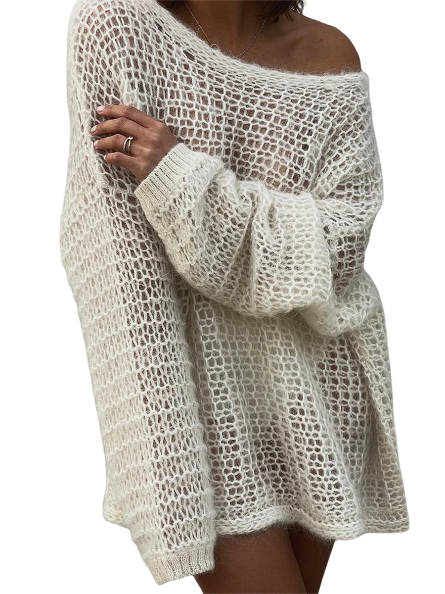 

Women Kint Tops Long Sleeve Hollow Out See-Through Smock Bikini Cover-Up Sweater Pullover T Shirt for Steetwear