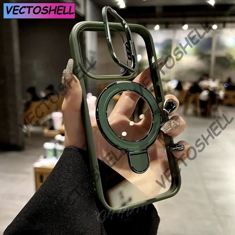 Luxury Magsafe Transparent Kickstand Phone Case with Magnetic Shockproof Bumper Cover