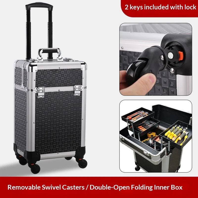 공구 케이스 헤비 듀티 휴대용 롤링 툴박스 보관함 잠금 가능 바퀴 차고 가정 작업장 정비사 정리함 바퀴