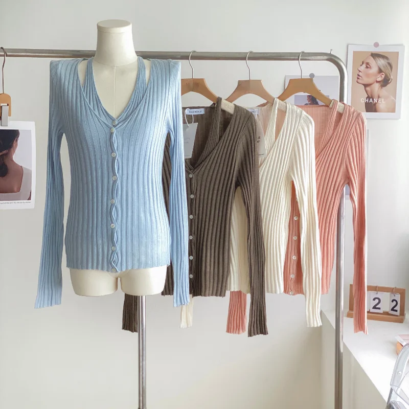 Fake Twopiece Knitwear Woman Cardigan V Neck Long Sleeve Cardigans