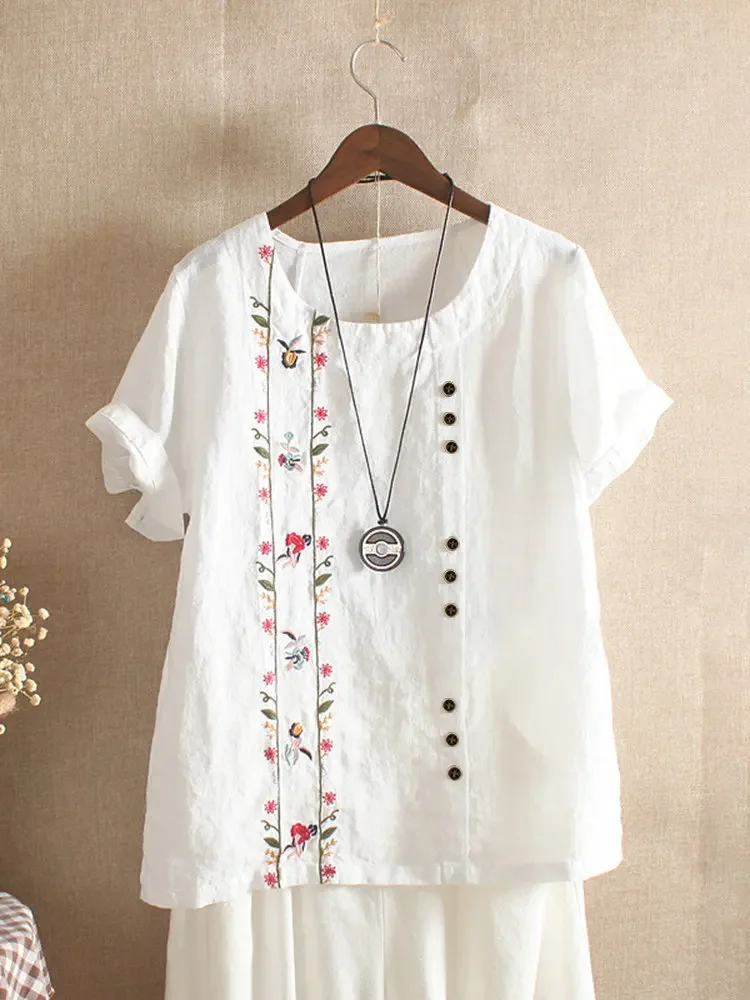 Camisa de lino y algodón con bordado de flores para mujer, blusa informal de verano con cuello redondo y manga corta, color blanco, elegante, estilo urbano
