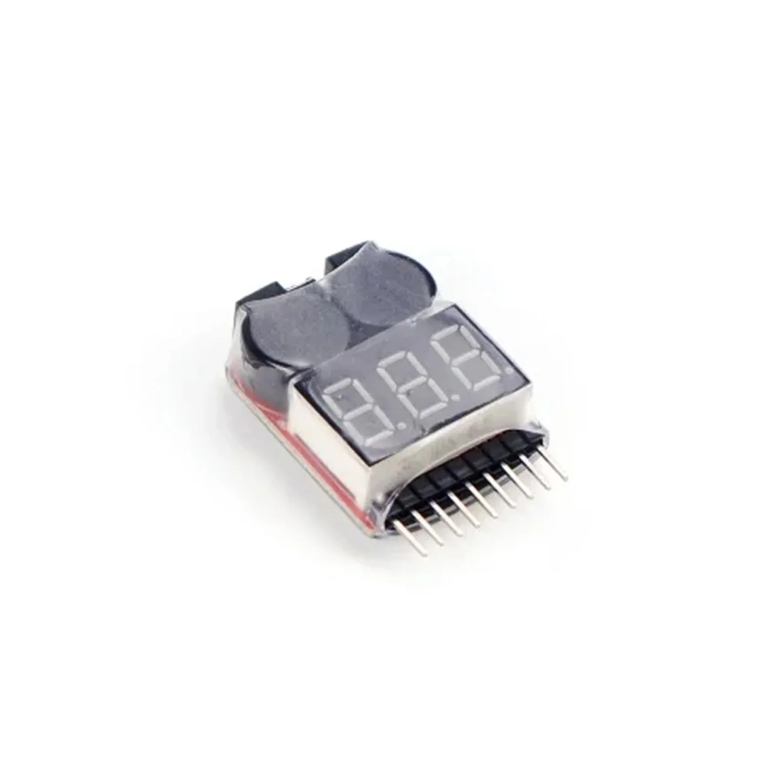 Testeur de batterie LiPo avec alarme sonore en fonctionnement, voyant rouge allumé et câbles de mesure