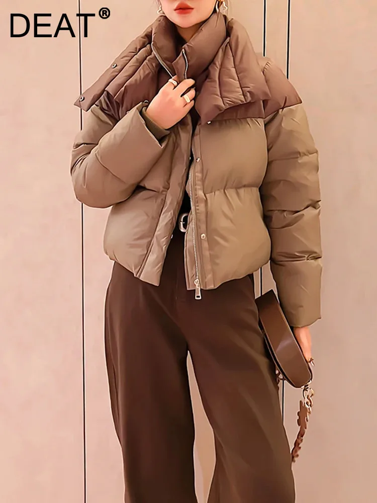 

DEAT Fashion Women Cotton-padded Coat Stand Collar Contrast Color Zipper Short Duck Down Parkas Jackets Winter 2023 New 7AB2171