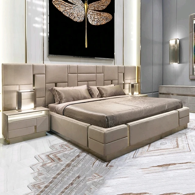 سرير MANBAS فاخر وحديث بحجم كينغ مع لوح رأسي منجد ناعم ومنضدة تخزين - أثاث غرفة نوم من الجلد الطبيعي 1