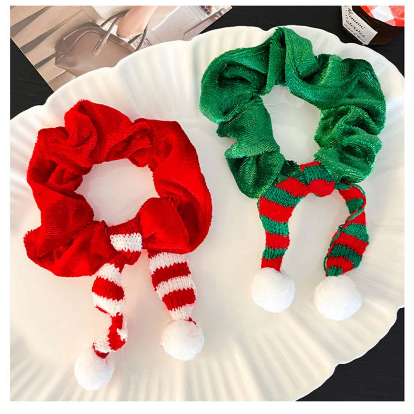 2PCS Christmas Velvet Scrunchies, Elf Hat Striped Hair Ties with Pom Poms,Xmas Party Hair Accessories for Women Girls Christmas