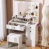 Makeup Vanity Desk with Mirror and Lights White Vanity Set with Drawers and Stool Glass Top Dressing Table Shelves 1