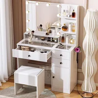 Makeup Vanity Desk with Mirror and Lights White Vanity Set with Drawers and Stool Glass Top Dressing Table Shelves 1