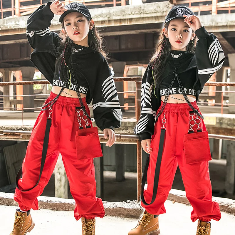 Одежда в стиле хип-хоп, костюм для джазовых танцев для девочек, черные топы с длинным рукавом, красные брюки-карго, детская одежда для выступлений в стиле хип-хоп