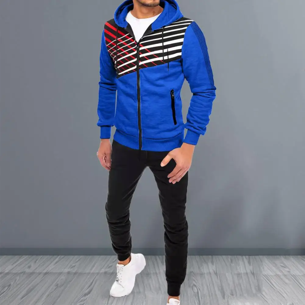 

2 Pcs/Set Men Coat Pants Suit Hooded Striped Zipper Pockets Men Tracksuit Set Thick Soft Tracksuit Jacket Trousers Set