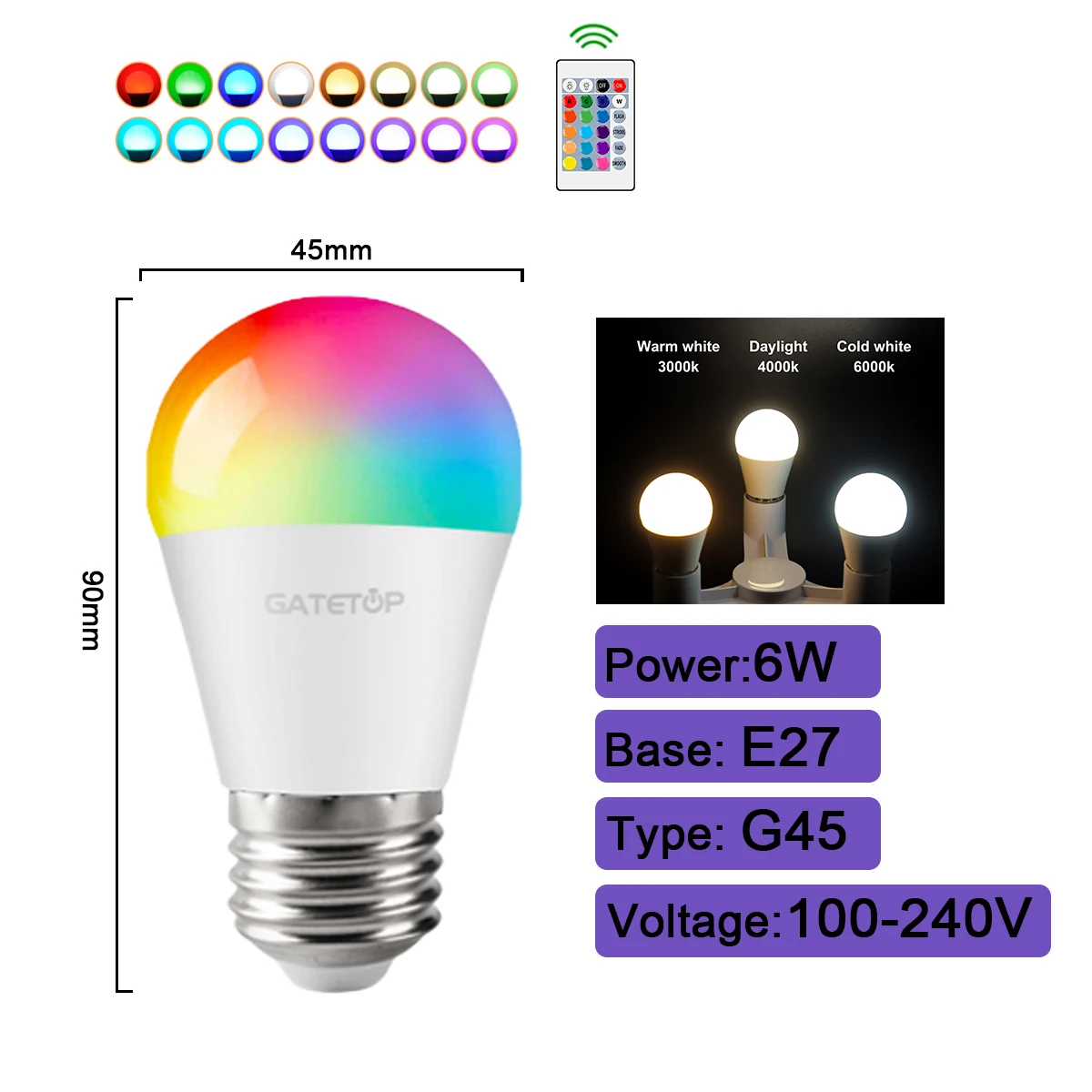 ตัวเลือกสินค้า หลอดไฟ RGBW สปอตไลท์ ปรับสีได้ พร้อมรีโมท E27 E14 B22 GU10