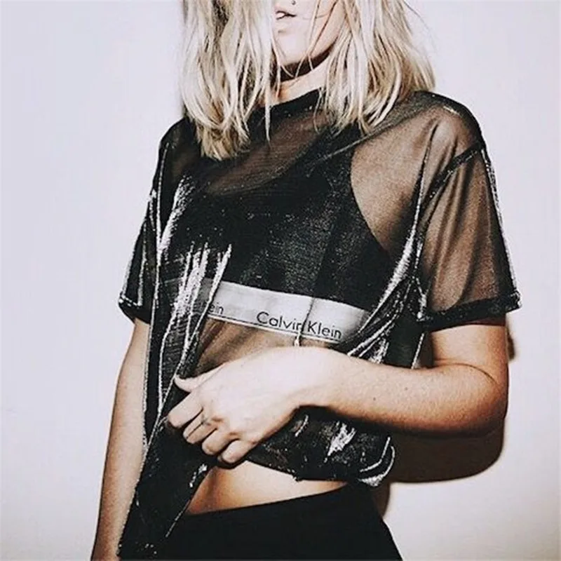 

2022 New Fashion Summer Women Hollow Transparent Round Neck Short Sleeve T-shirt Tops See Through T Shirt Harajuku Tshirt
