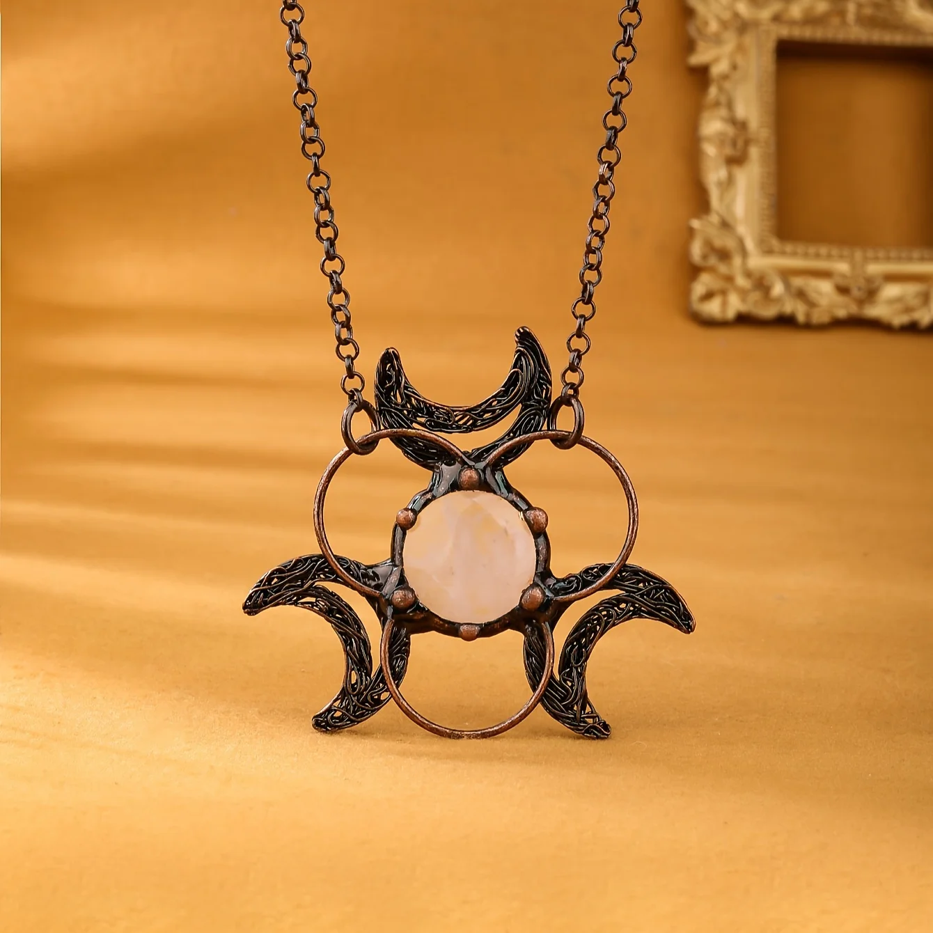 YEEVAA Retro Style Three Moon Combination Natural White Crystal Inlaid Pendant Necklace For Women Party Gift(With Chain)