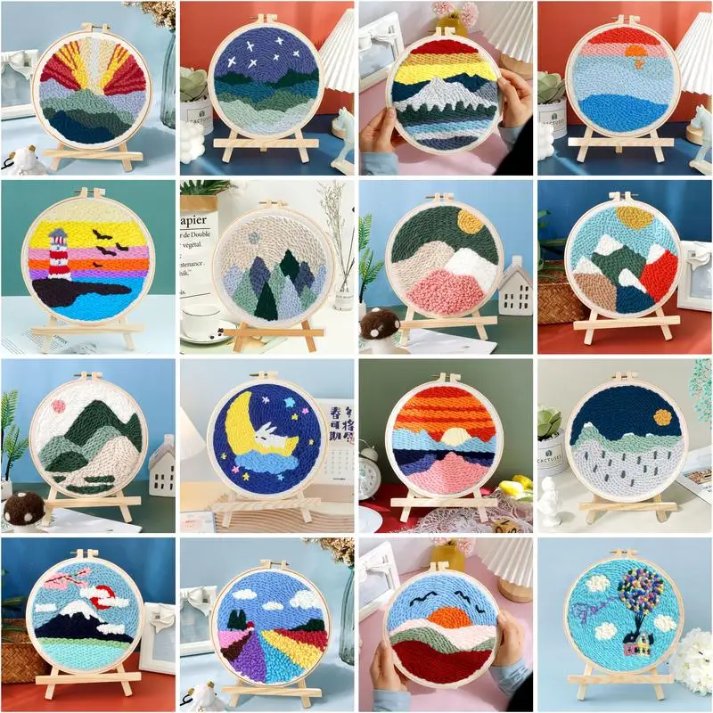Gatyztory Punch Needle Ricamo Starter Kit, Fai Da Te Punch Needle Craft Landscape Pattern Panno Penna Hoop Filato Tappeto Artigianato