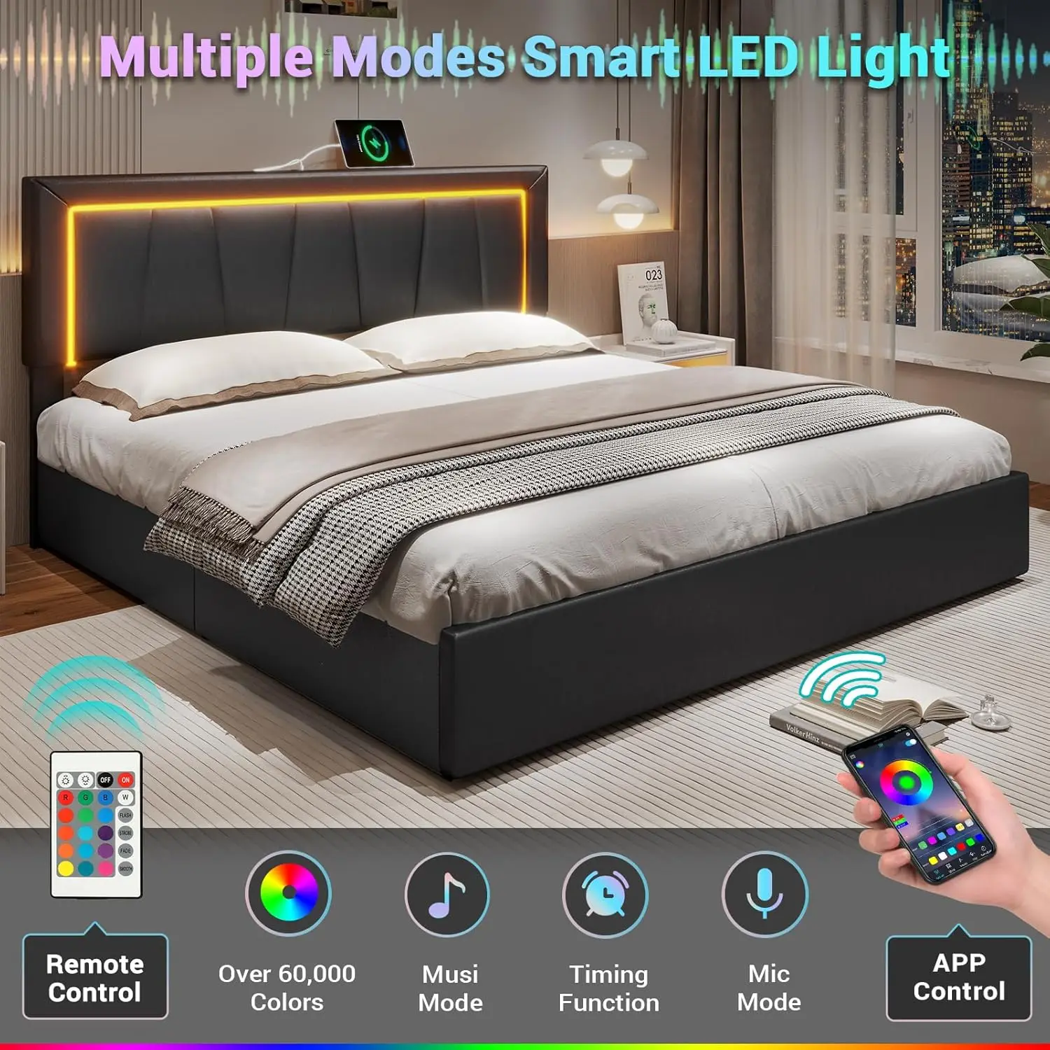 Description Picture 4 of itemCalifornia King Bed Frame with 4 Storage Drawers, Charging Station, Artificial Leather Upholstered Headboard, LED Bed Frame