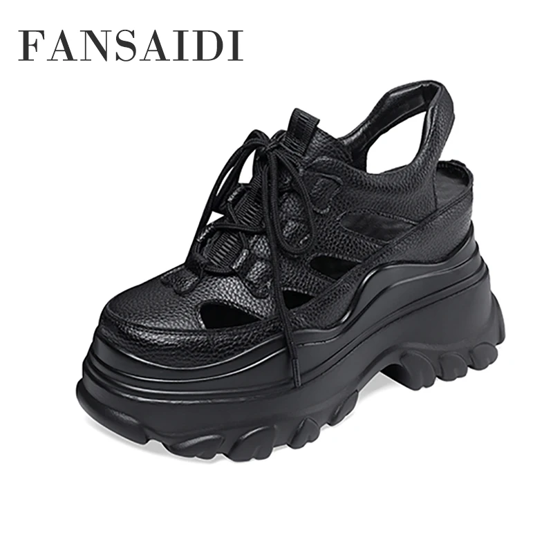 

FANSAIDI Summer Women Waterproof Green White Wedges Genuine Leather Sandals Fashion Sexy New Consice Cross Tied Casual Shoes
