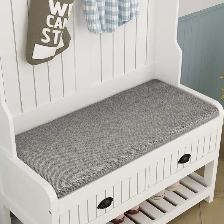Wide Hall Tree with Cushion Bench Shoe Storage Includes Two Display Cubbies and A Coat Rack with 4 Hooks Hall Trees Shoe Bench
