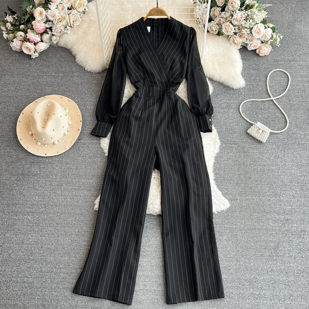 

SuperAen Autumn 2023 Office Lady V-neck Striped Jumpsuit Casual High Waist Straight Leg Wide Leg Jumpsuit