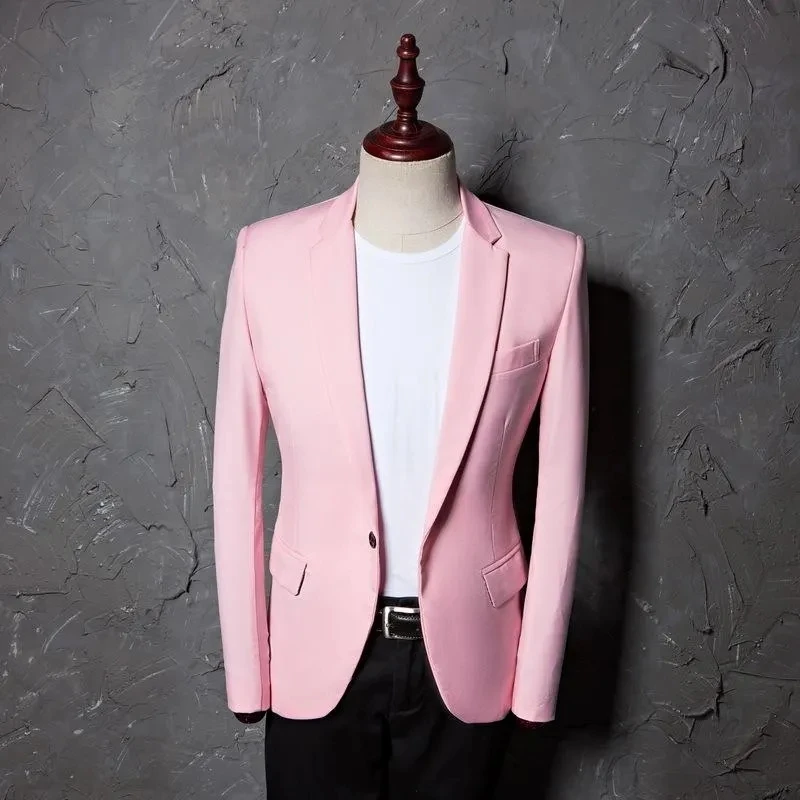 

Skinny Men Suits Pink Blazer Black Pants 2 Piece Single Breasted Notch Lapel Regular Length Fashion Jacket Slim Fit Prom Terno