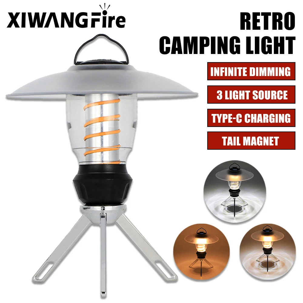 

New Upgraded LED Camping Light USB C Rechargeable Retro Portable Lantern 2200Mah 3 Light Source Outdoor Tent Light with Magnetic