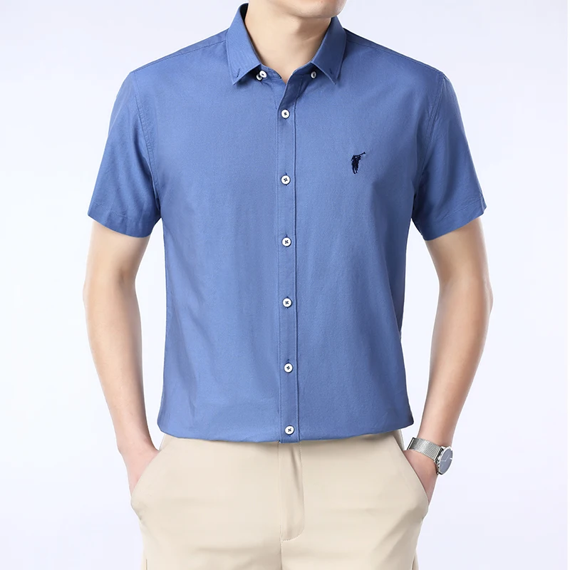 Solid Color Cotton Embroidered Small Horse Logo Shirt, Men's Short Sleeved Casual Versatile High-end Spring and Autumn Shirt