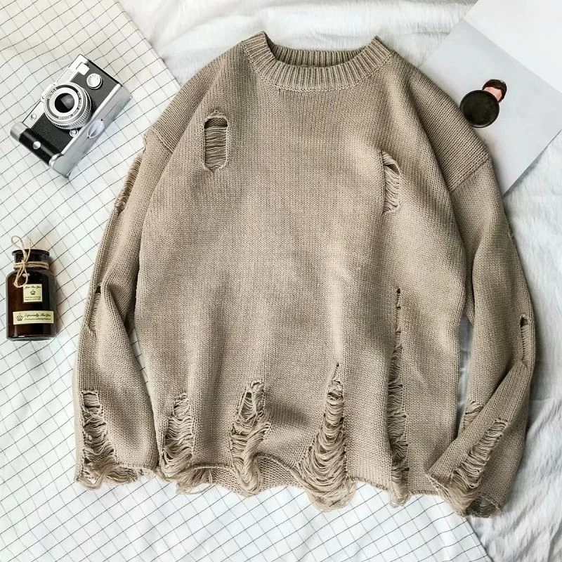 

Man Clothes Pullovers Torn Crewneck Knitted Sweaters for Men Plain with Holes Solid Color Round Collar Cheap Casual A Cigaret S