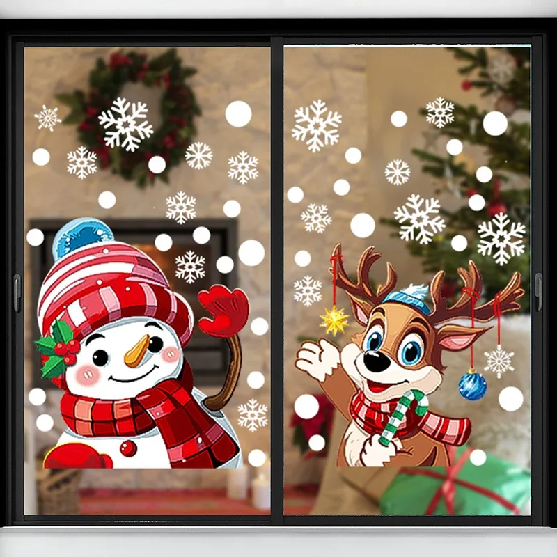 Christmas Window PVC Static Glass Decal Snowflake Santa Claus Elk Sticker Window Film for Shopping Mall Home New Year Decoration