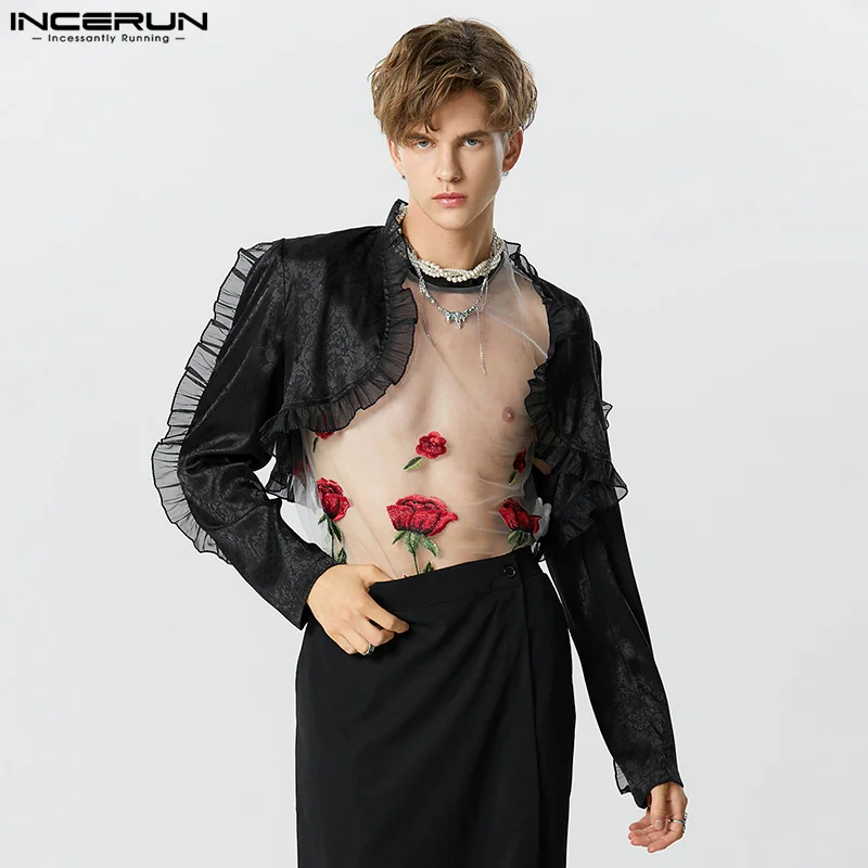 

Handsome Well Fitting Tops INCERUN New Men's See-through Mesh Ruffle Design Blazer Leisure Sexy Patchwork Copped Suit S-5XL 2023