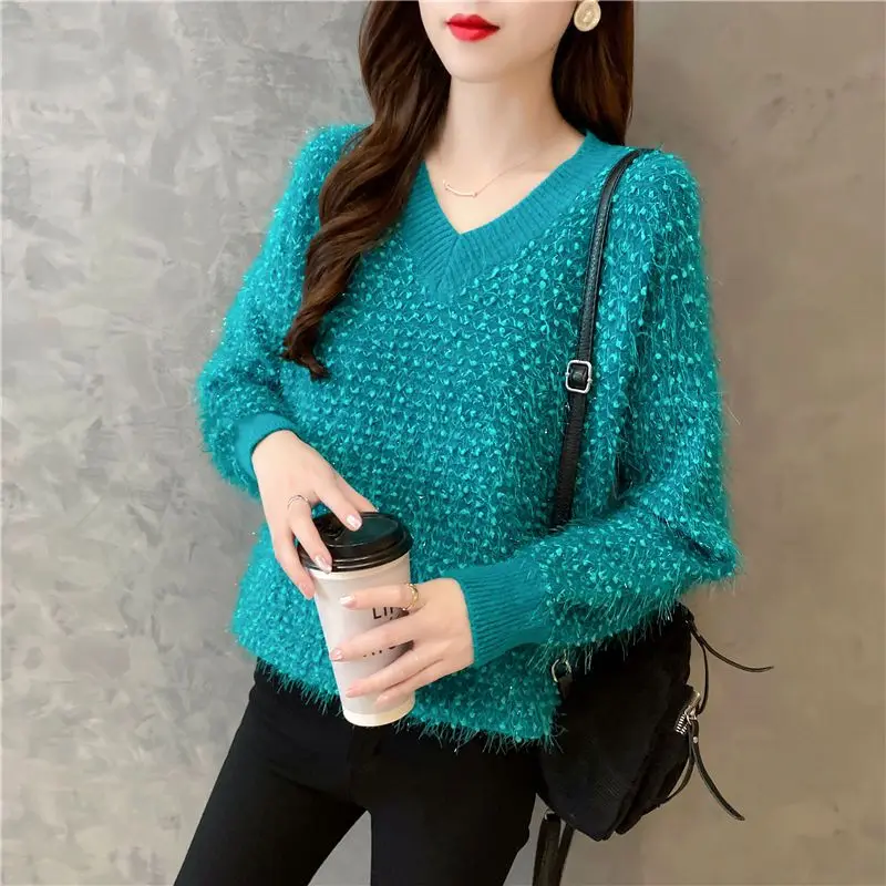 

2023 New Sweater Women's V-neck Long Sleeve Pullover Knitwear Spring Autumn Wear Korean Edition Loose and Stylish Slimming Top