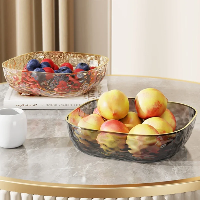 Light Luxury Household Fruit Bowl Salad Dessert Biscuit Plate Plastic Square Transparent Tray Golden Edge Snack Plates Tableware