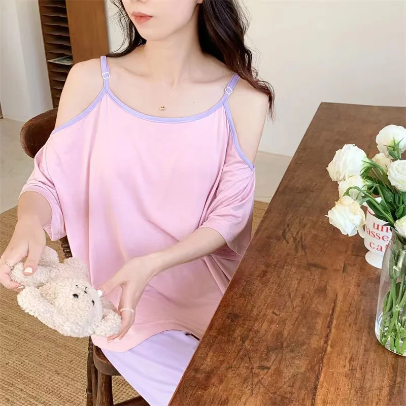 

Pajamas Sets Women Modal Sleepwear Two Piece Pyjamas Ladies Sleepwear Round Neck Short Sleeved Nightwear Loungewear Home Clothes
