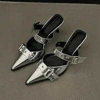 Punk Goth Metal Buckle High Heels Women's Sandals Summer  Pointed Toe Silver Party Shoes Fashion Womens Pumps Shoes Tacones 1