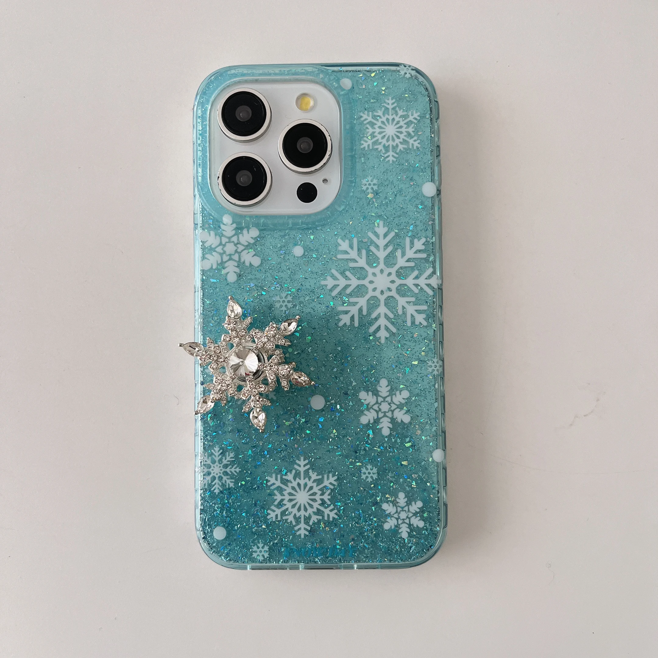 Winter 3D Cartoon Snowflake Blue Transparent Glitter Powder Phone Case for iPhone 16 15 14 13 Pro Max 12 11 Back Cover Funda