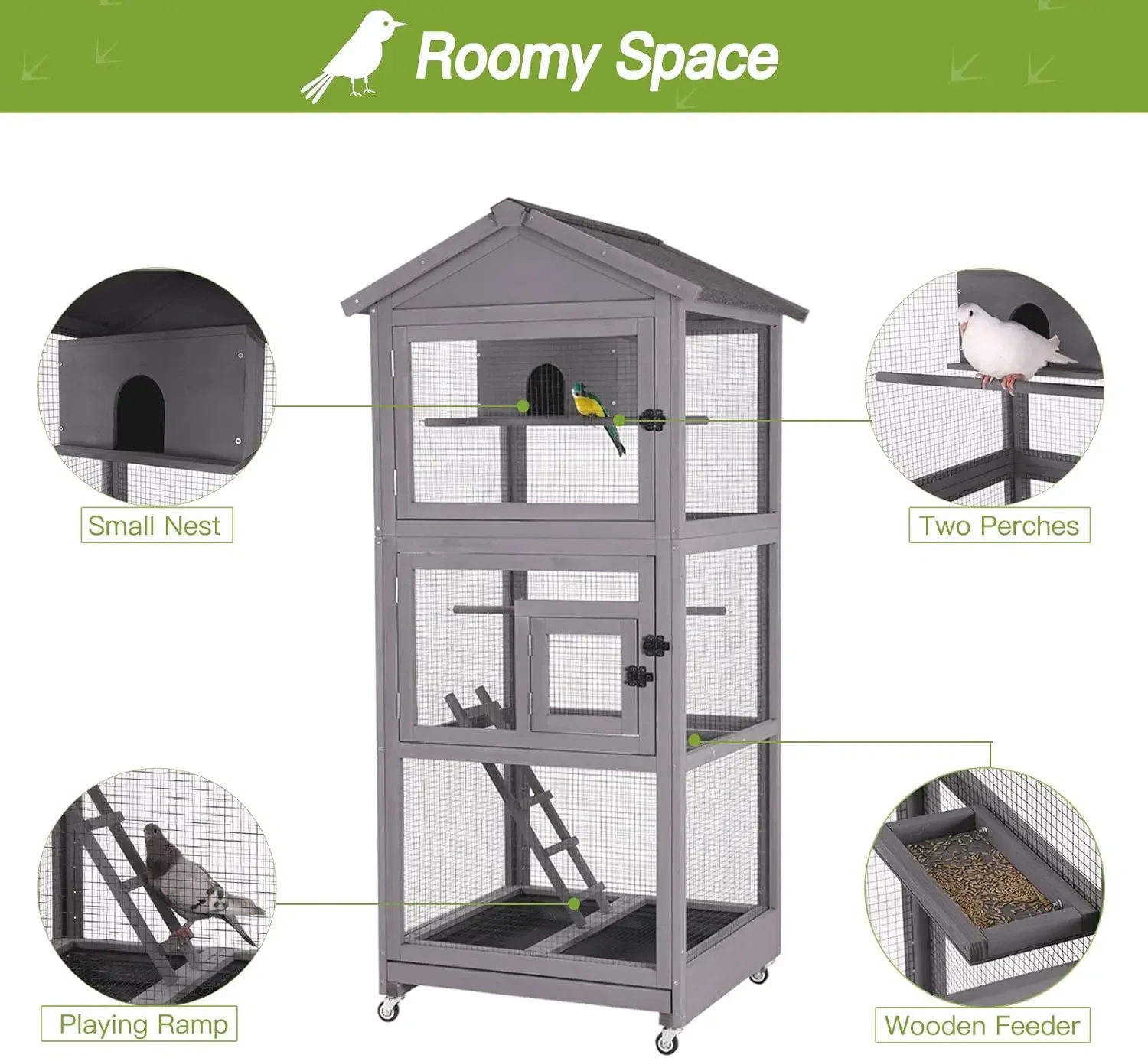 GUTINNEEN Outdoor Bird Aviary Wooden Large Bird Cage on Wheels, Featuring Play Stand, Perches, Nest Habitat, Include Wire Mesh a