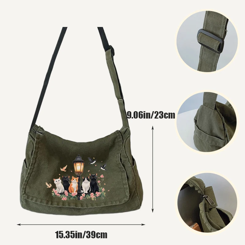 Retro Cat-printed Canvas Bag Large Capacity Women's Shoulder Bag Army Green Artistic Messenger Bag For Women Commuting