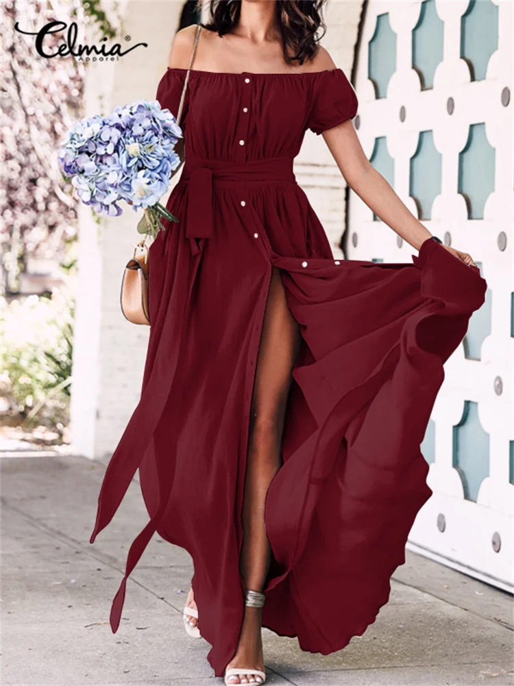 Vestido maxi de chiffon con hombros descubiertos y volantes Rojo