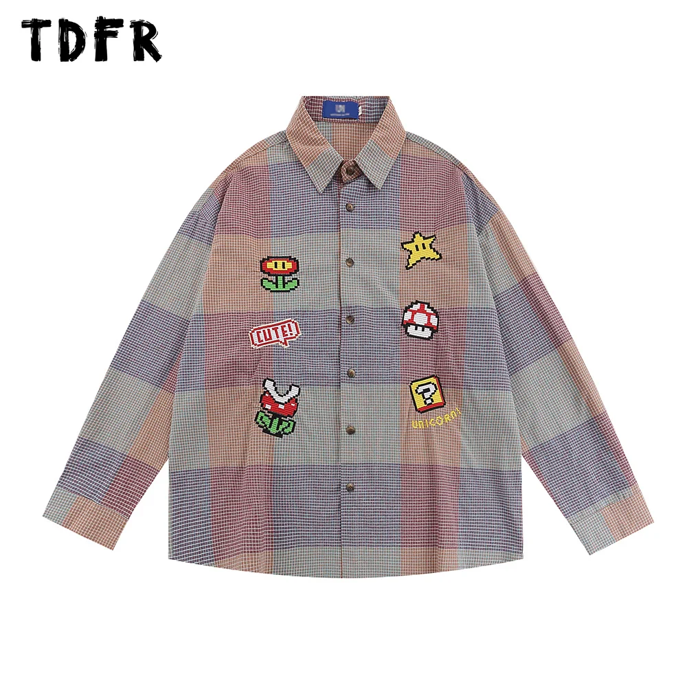 

Mushroom Embroidery Plaid Shirt Long Sleeve Mens Retro Casual Autumn Single Breasted Loose Lapel Shirts Men